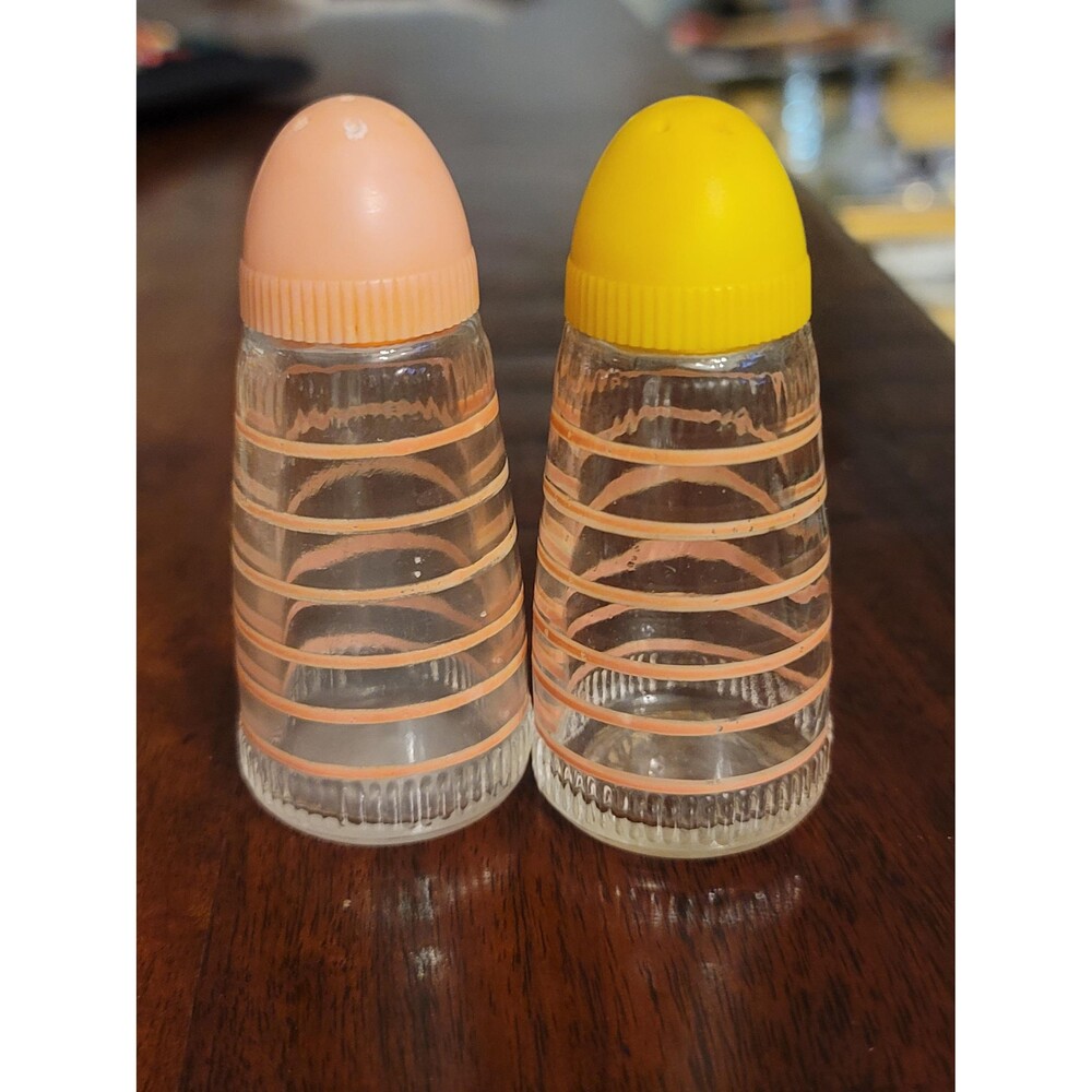 Mid Century Salt and Peepr Shaker Set. Glass With Pink Stripes.